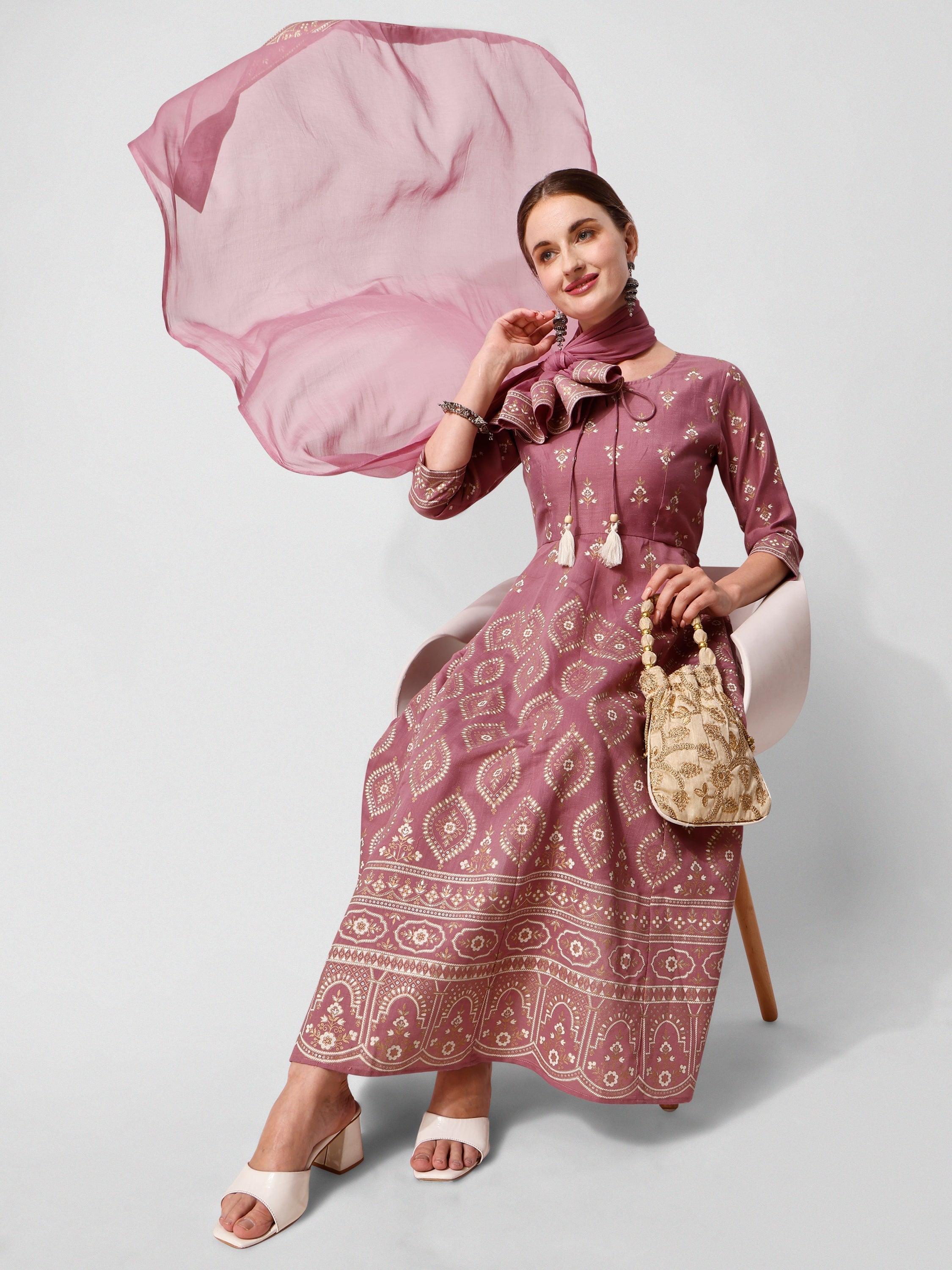 Anarkali Printed Kurta Suit With Pant And Dupatta Set, Multicolor - Hiral Fashion - Distacart