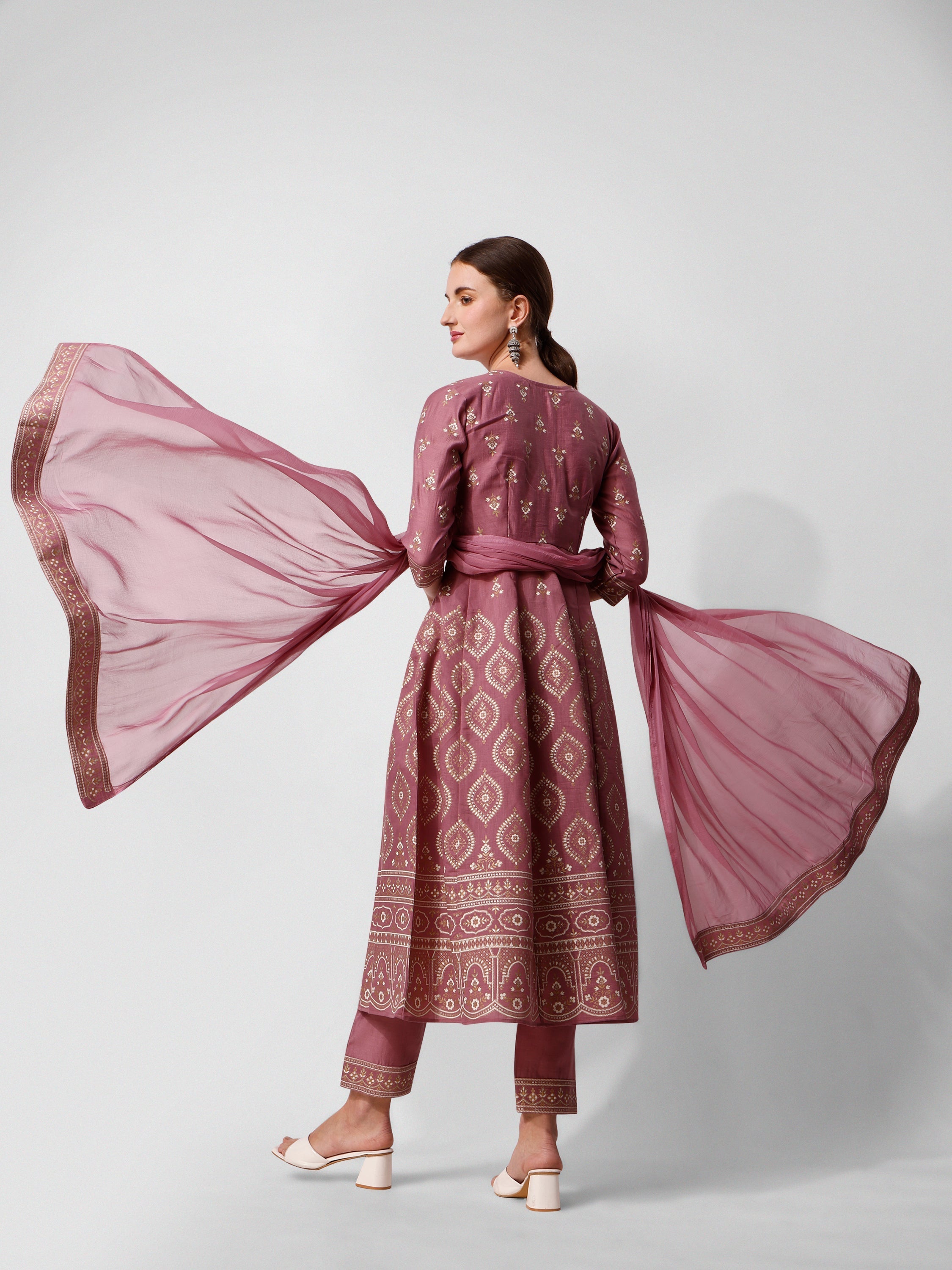 Anarkali Printed Kurta Suit With Pant And Dupatta Set, Multicolor - Hiral Fashion - Distacart