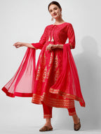 Anarkali Hot Printed Kurta Suit With Pant And Dupatta Set, Multicolor - Hiral Fashion - Distacart