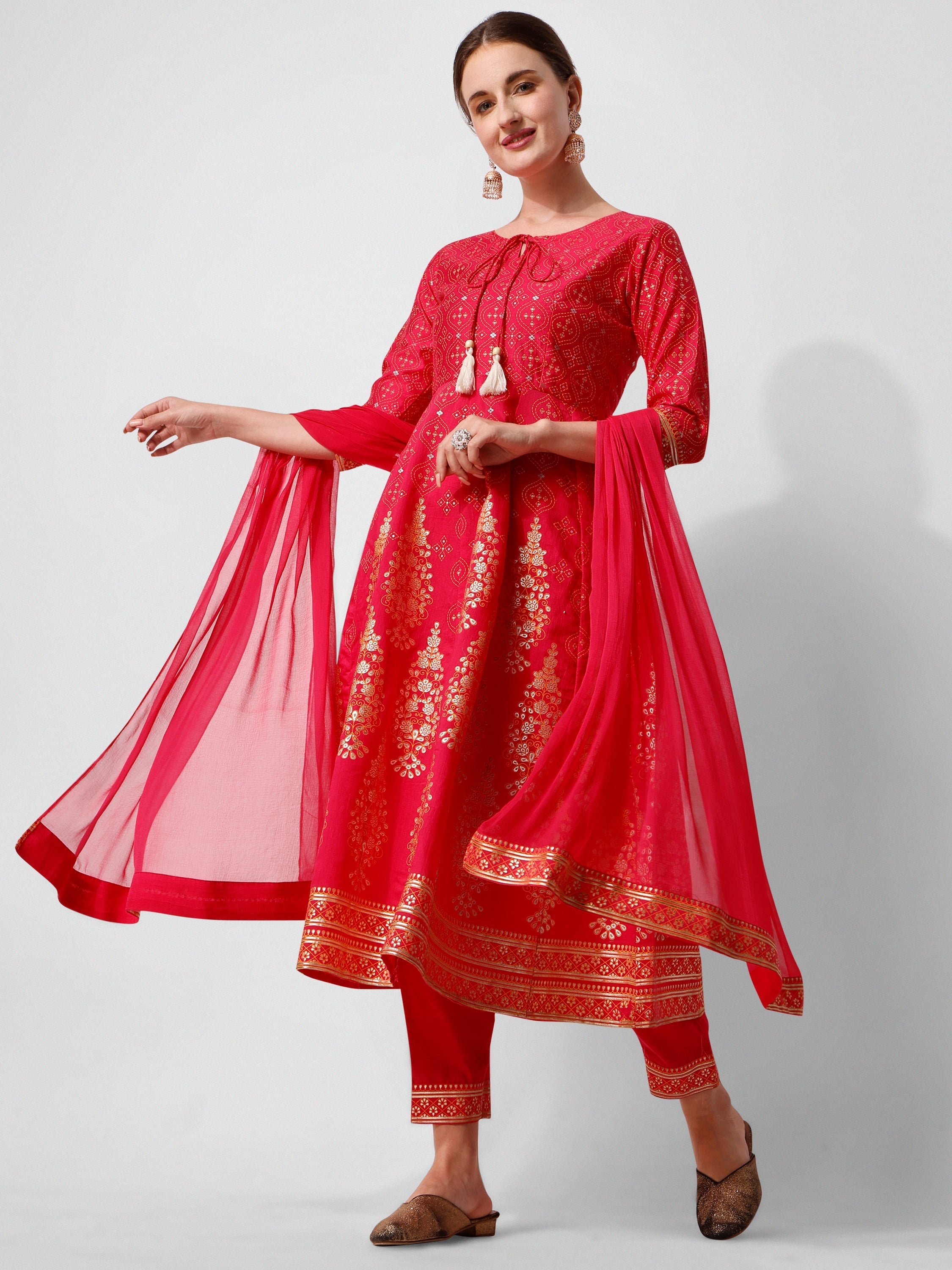 Anarkali Hot Printed Kurta Suit With Pant And Dupatta Set, Multicolor - Hiral Fashion - Distacart
