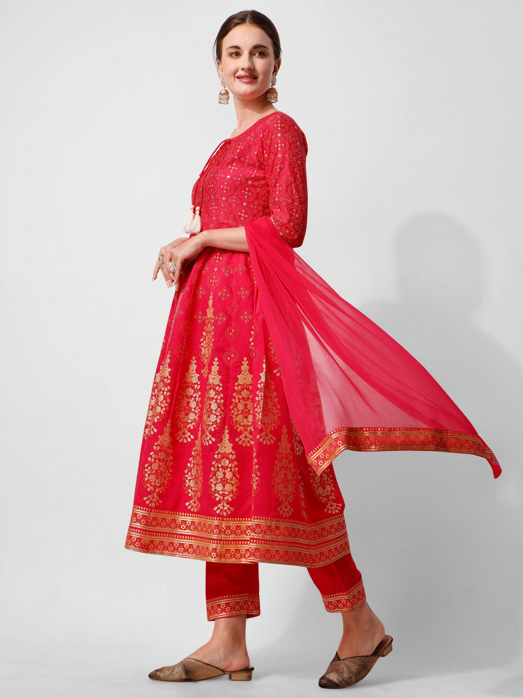 Anarkali Hot Printed Kurta Suit With Pant And Dupatta Set, Multicolor - Hiral Fashion - Distacart
