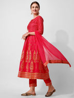 Anarkali Hot Printed Kurta Suit With Pant And Dupatta Set, Multicolor - Hiral Fashion - Distacart