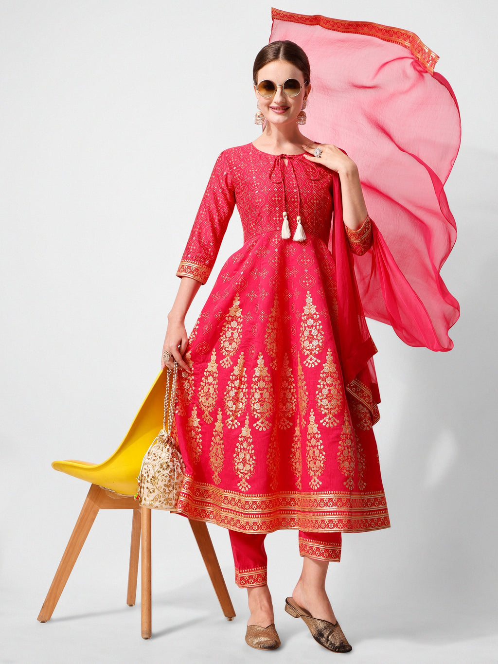 Anarkali Hot Printed Kurta Suit With Pant And Dupatta Set, Multicolor - Hiral Fashion - Distacart