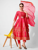 Anarkali Hot Printed Kurta Suit With Pant And Dupatta Set, Multicolor - Hiral Fashion - Distacart