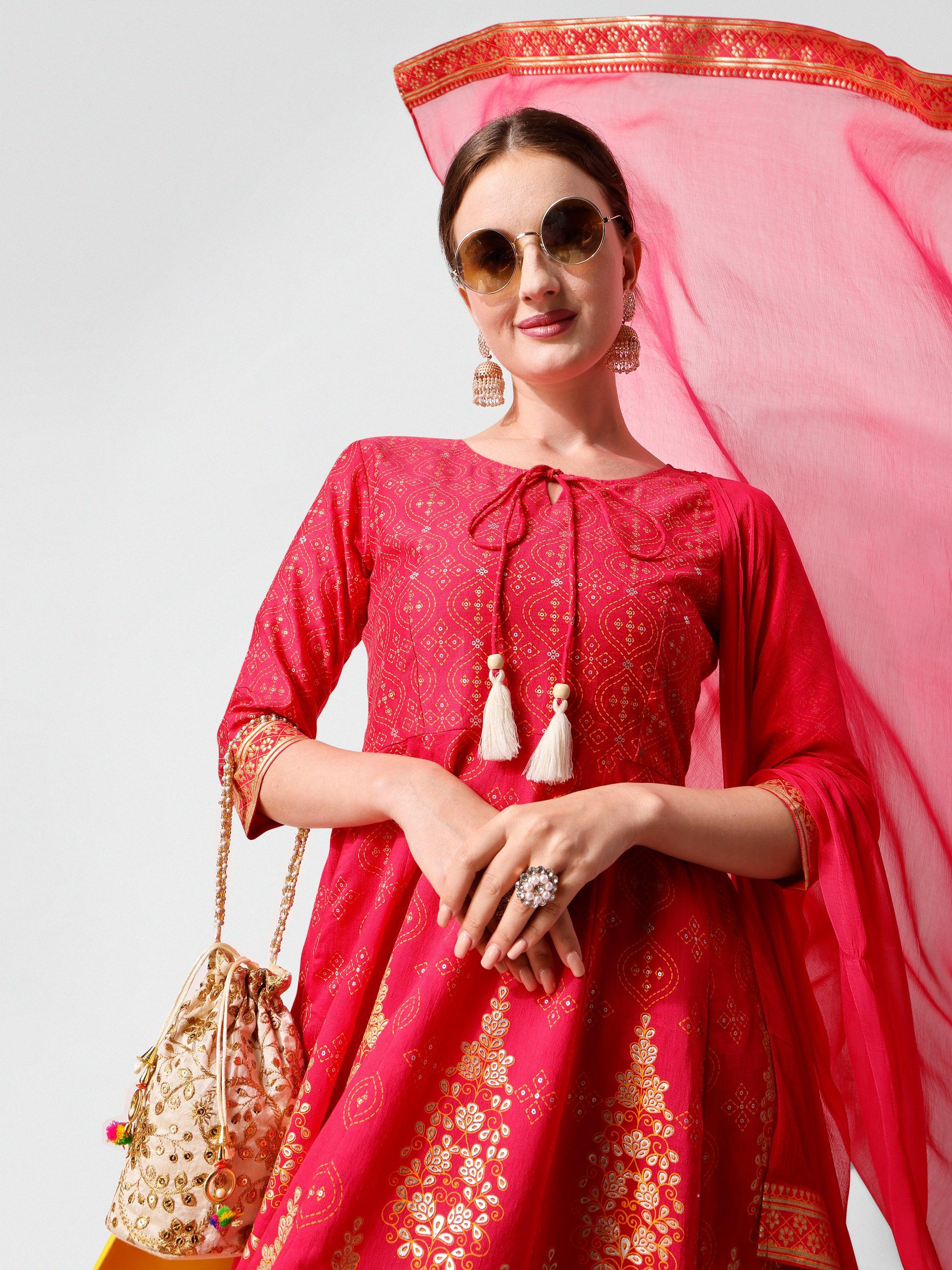 Anarkali Hot Printed Kurta Suit With Pant And Dupatta Set, Multicolor - Hiral Fashion - Distacart