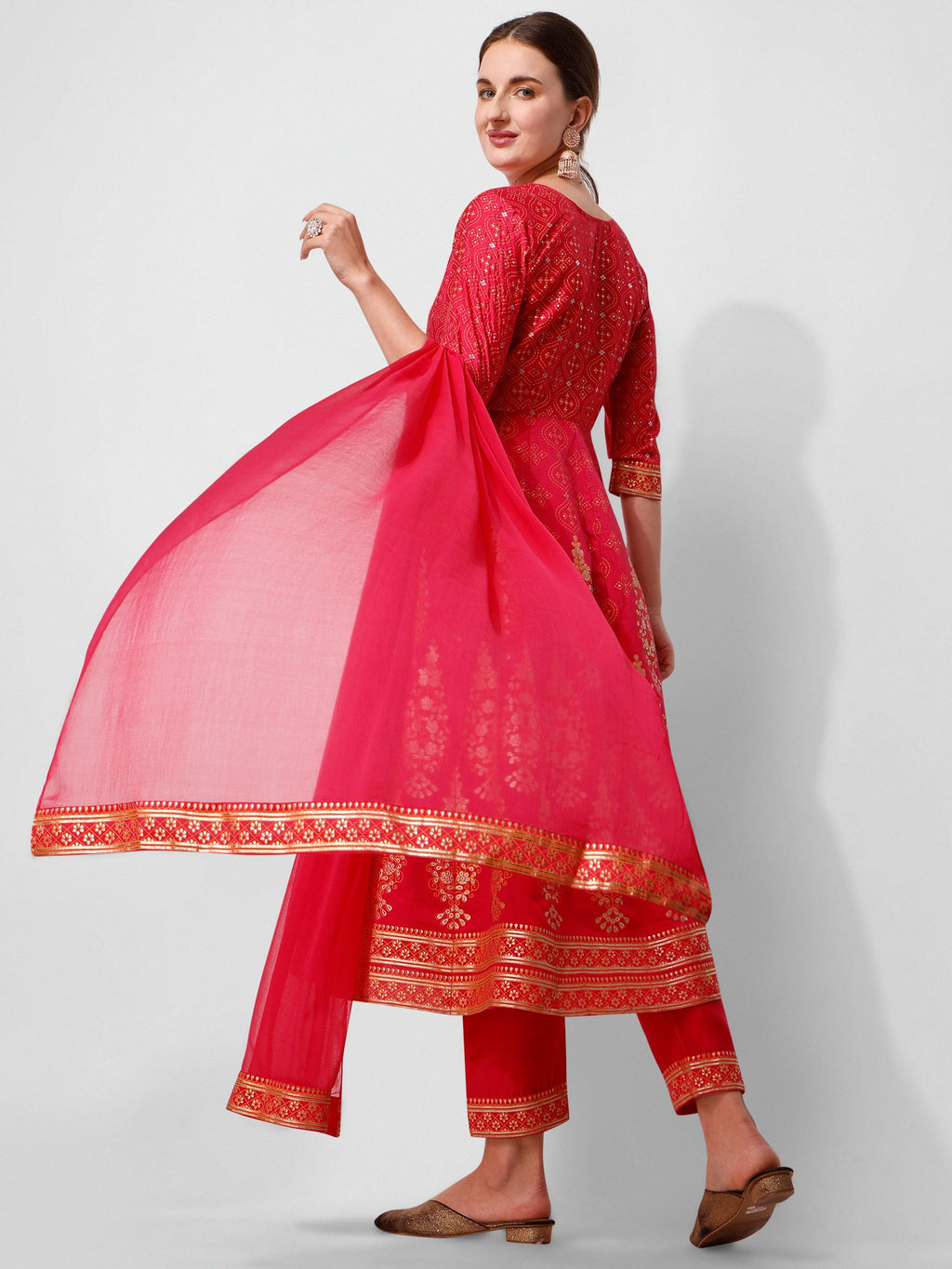 Anarkali Hot Printed Kurta Suit With Pant And Dupatta Set, Multicolor - Hiral Fashion - Distacart