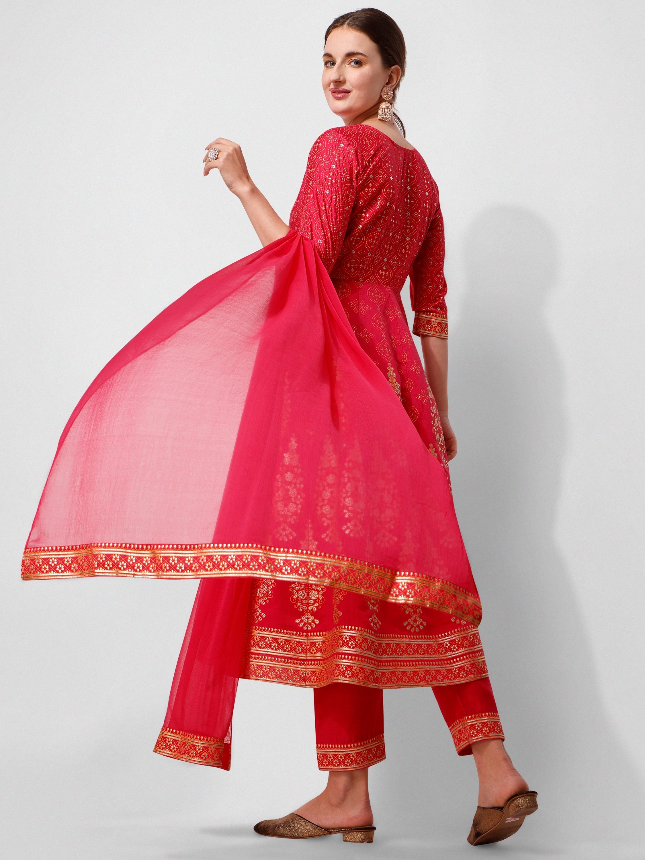 Anarkali Hot Printed Kurta Suit With Pant And Dupatta Set, Multicolor - Hiral Fashion - Distacart