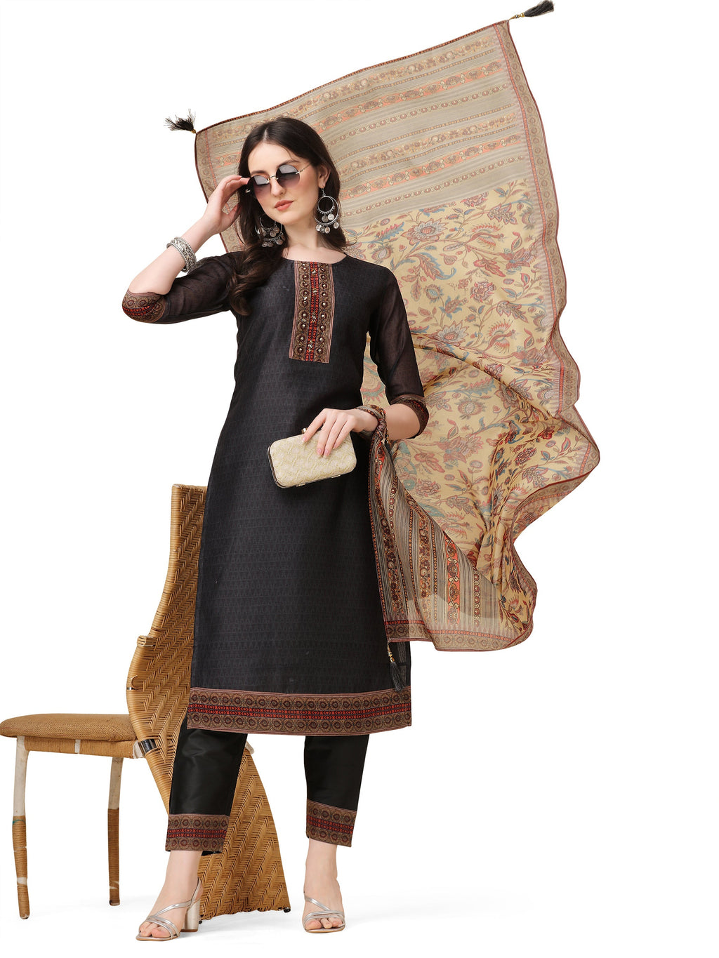 Embroidered And Printed Kurta With And Dupatta Set, Multicolor - Hiral Fashion - Distacart