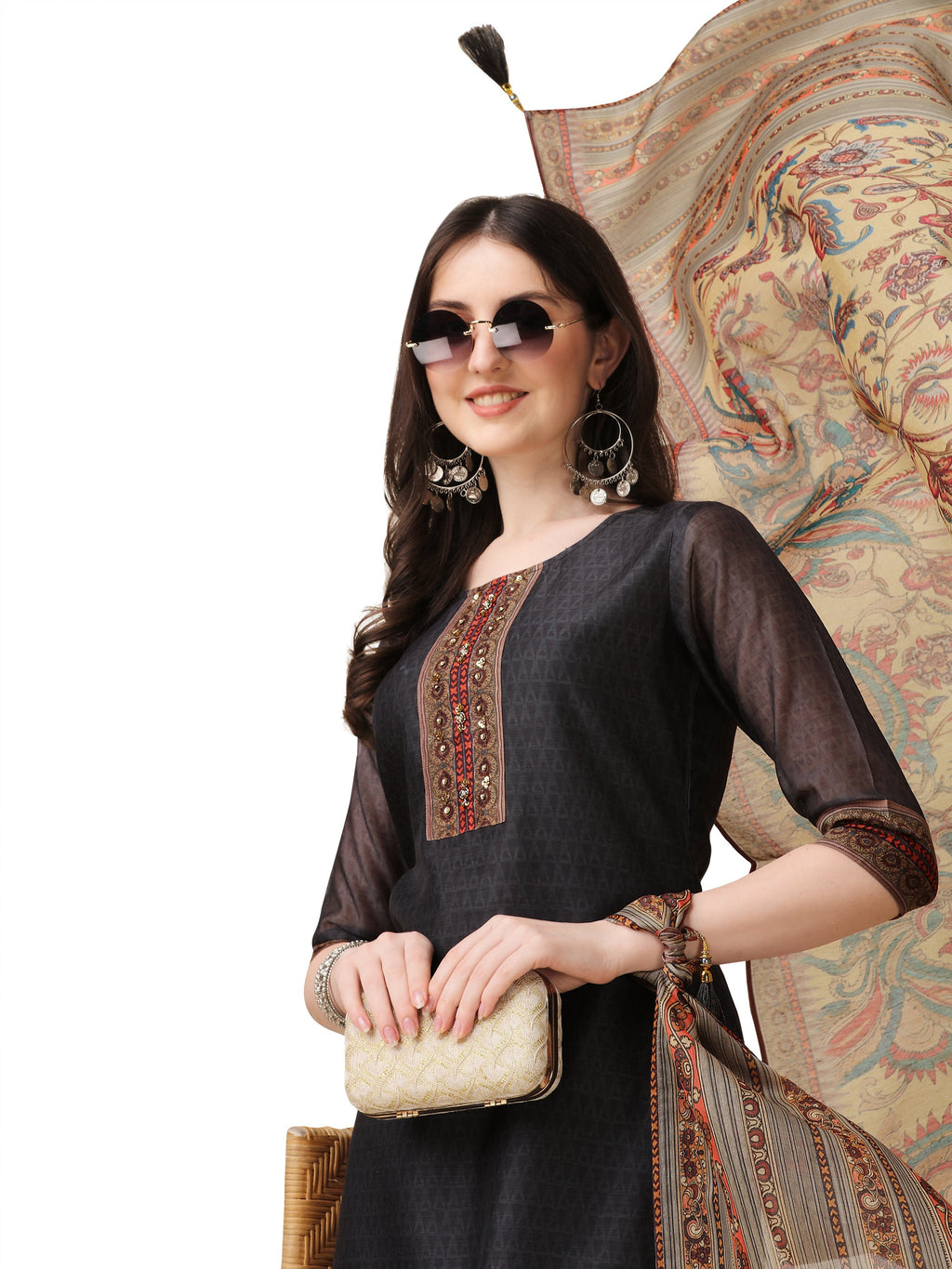 Embroidered And Printed Kurta With And Dupatta Set, Multicolor - Hiral Fashion - Distacart