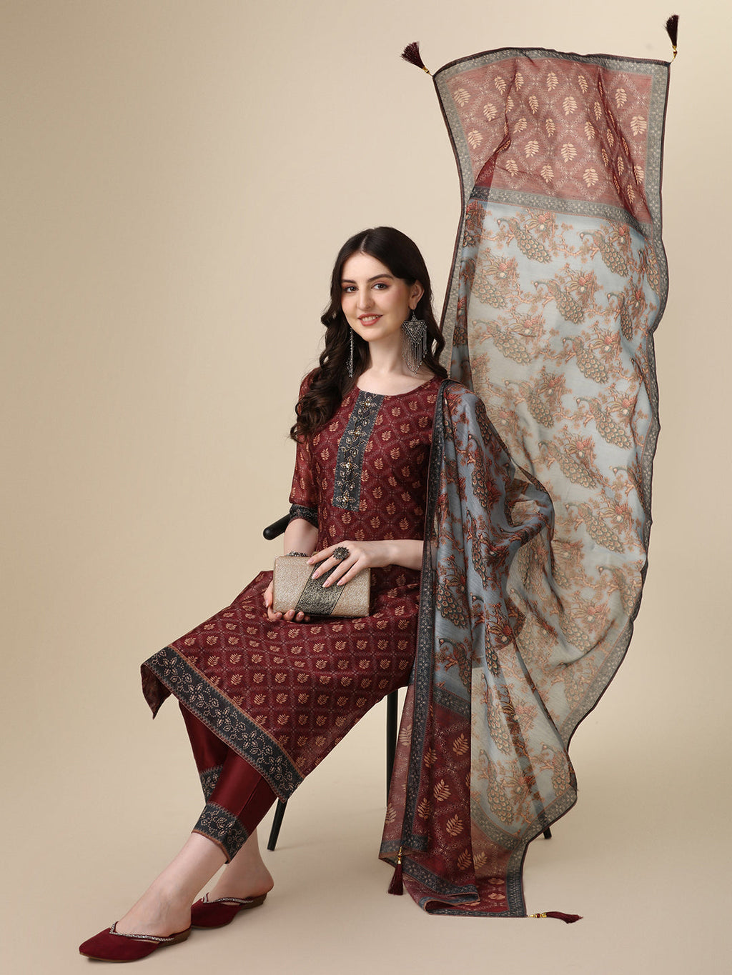 Pinted & Embroidered Kurta With Pant & Dupatta Set, Multicolor - Hiral Fashion - Distacart