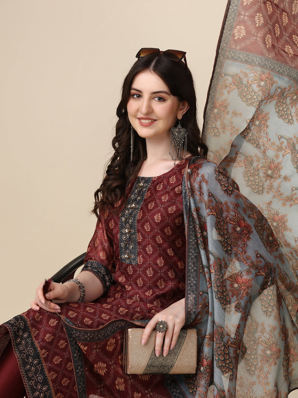 Pinted & Embroidered Kurta With Pant & Dupatta Set, Multicolor - Hiral Fashion - Distacart