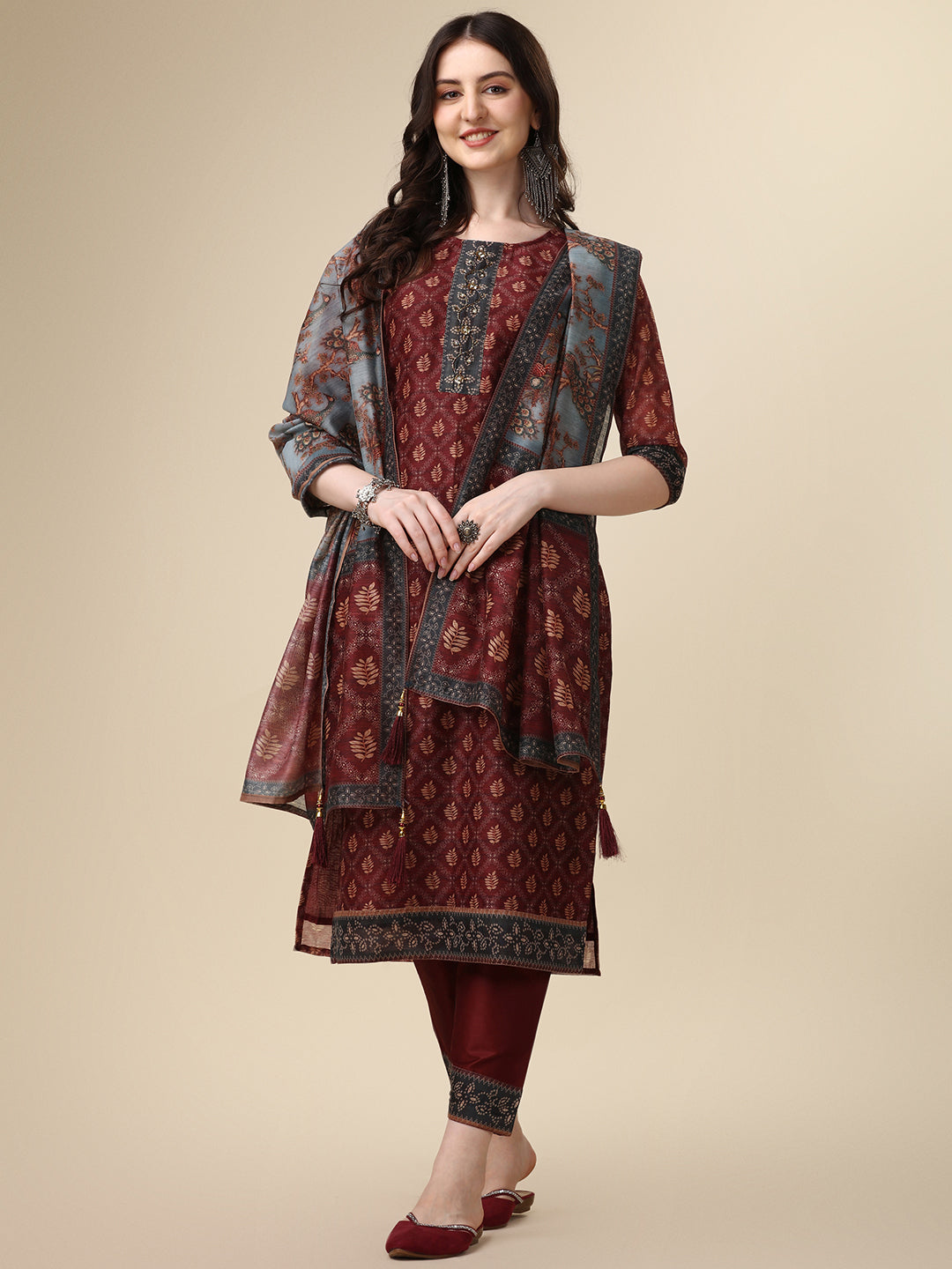 Pinted & Embroidered Kurta With Pant & Dupatta Set, Multicolor - Hiral Fashion - Distacart