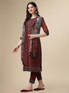 Pinted & Embroidered Kurta With Pant & Dupatta Set, Multicolor - Hiral Fashion - Distacart
