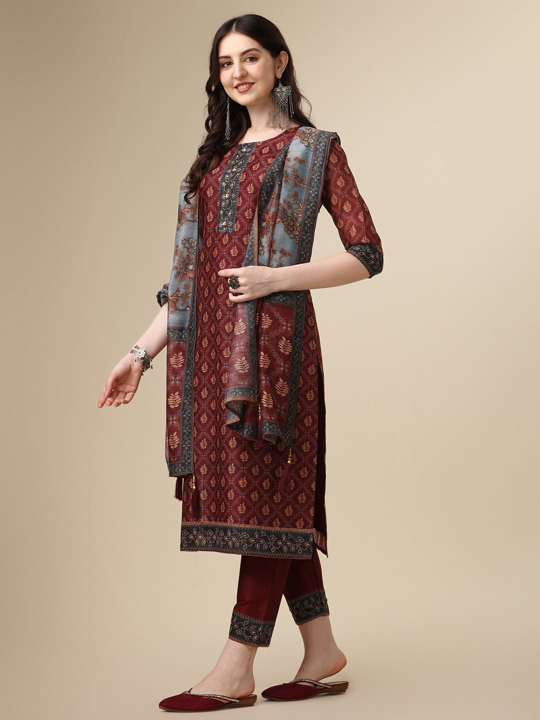 Pinted & Embroidered Kurta With Pant & Dupatta Set, Multicolor - Hiral Fashion - Distacart