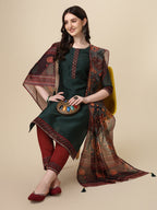 Embroidered Kurta With Pant & Printed Dupatta Set, Multicolor - Hiral Fashion - Distacart