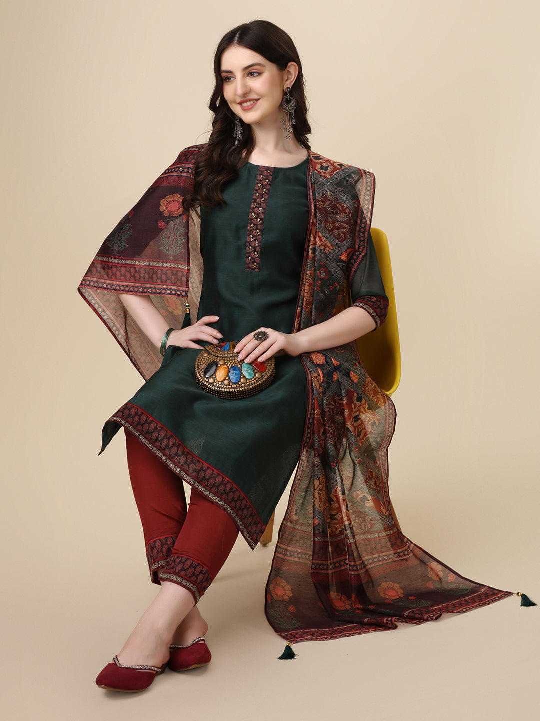 Embroidered Kurta With Pant & Printed Dupatta Set, Multicolor - Hiral Fashion - Distacart