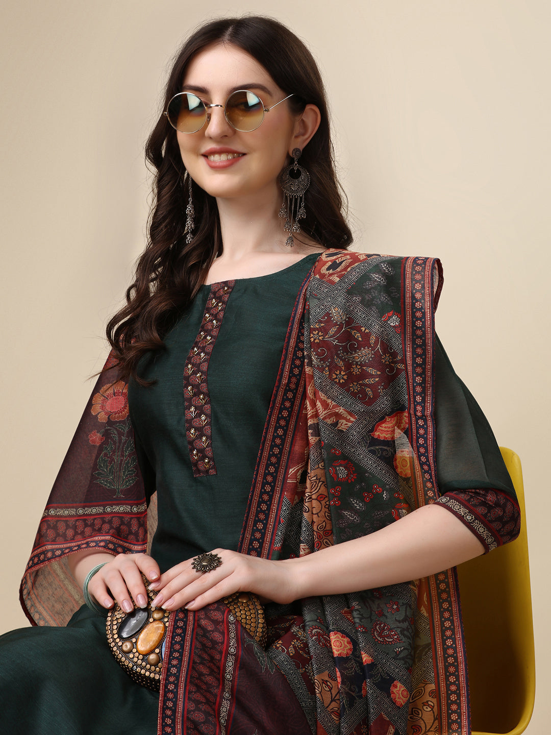 Embroidered Kurta With Pant & Printed Dupatta Set, Multicolor - Hiral Fashion - Distacart