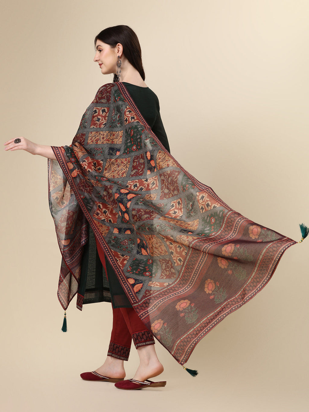 Embroidered Kurta With Pant & Printed Dupatta Set, Multicolor - Hiral Fashion - Distacart