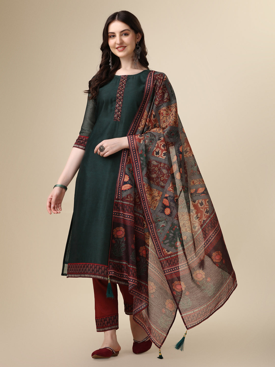 Embroidered Kurta With Pant & Printed Dupatta Set, Multicolor - Hiral Fashion - Distacart