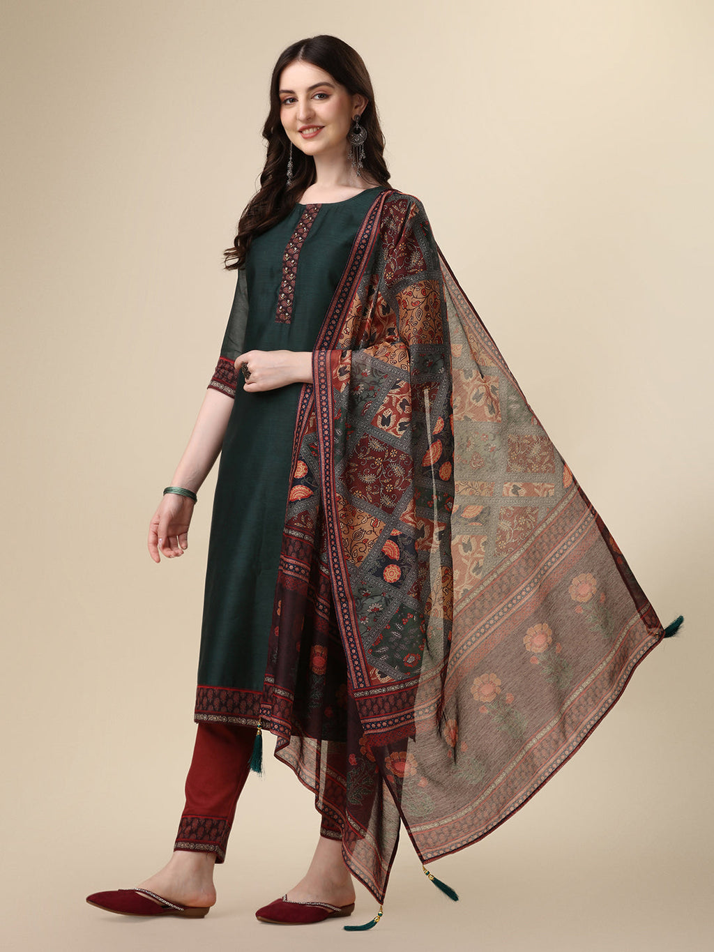 Embroidered Kurta With Pant & Printed Dupatta Set, Multicolor - Hiral Fashion - Distacart