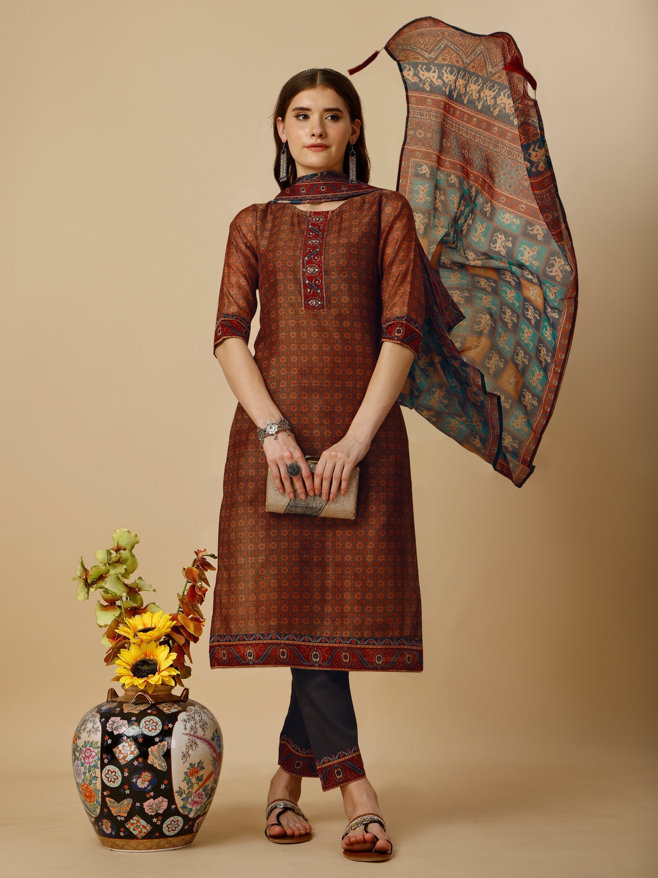Printed Kurta With Pant And Printed Dupatta Set, Multicolor - Hiral Fashion - Distacart