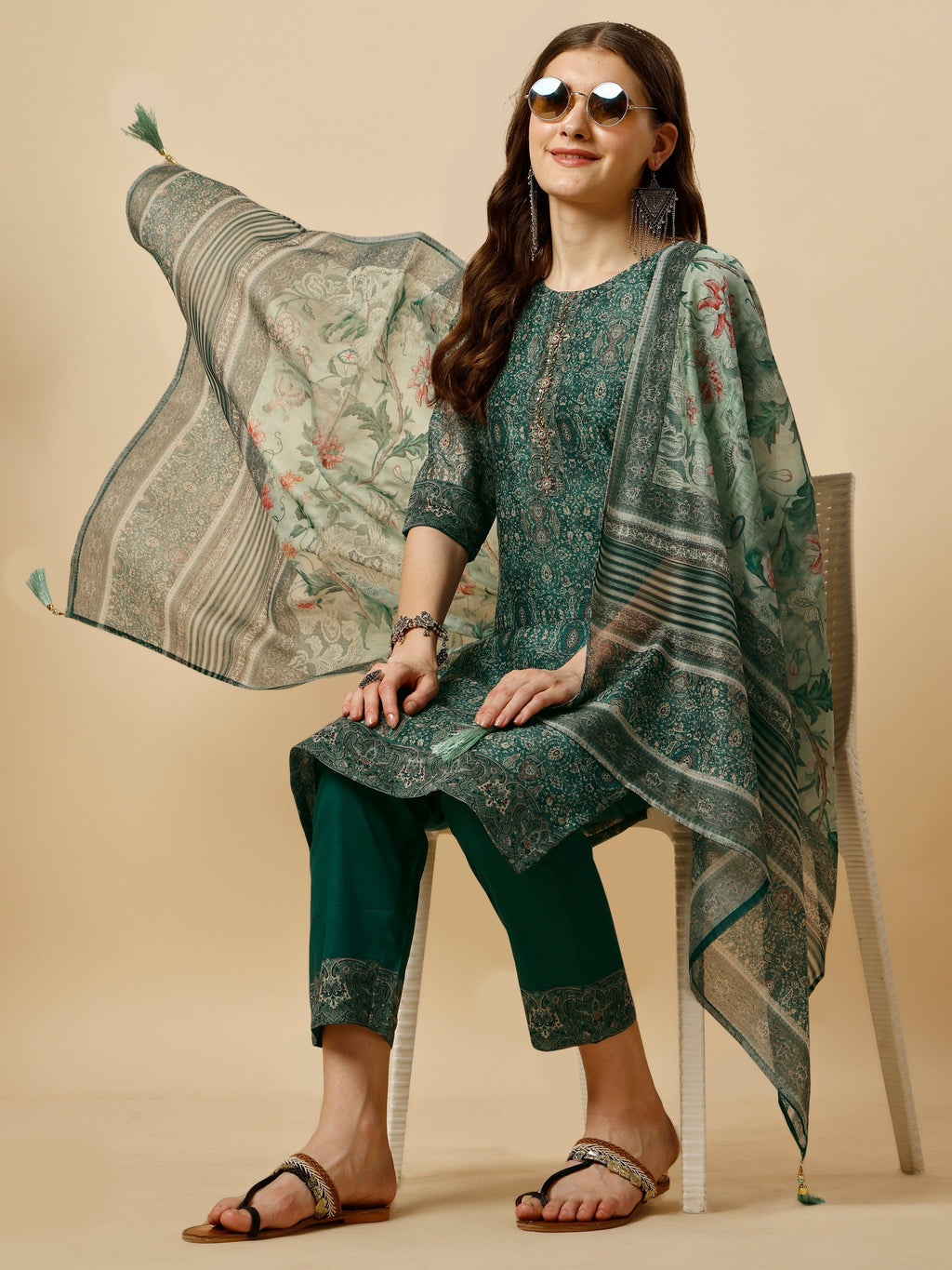 Printed Kurta With Pant And Dupatta Set, Multicolor - Hiral Fashion - Distacart