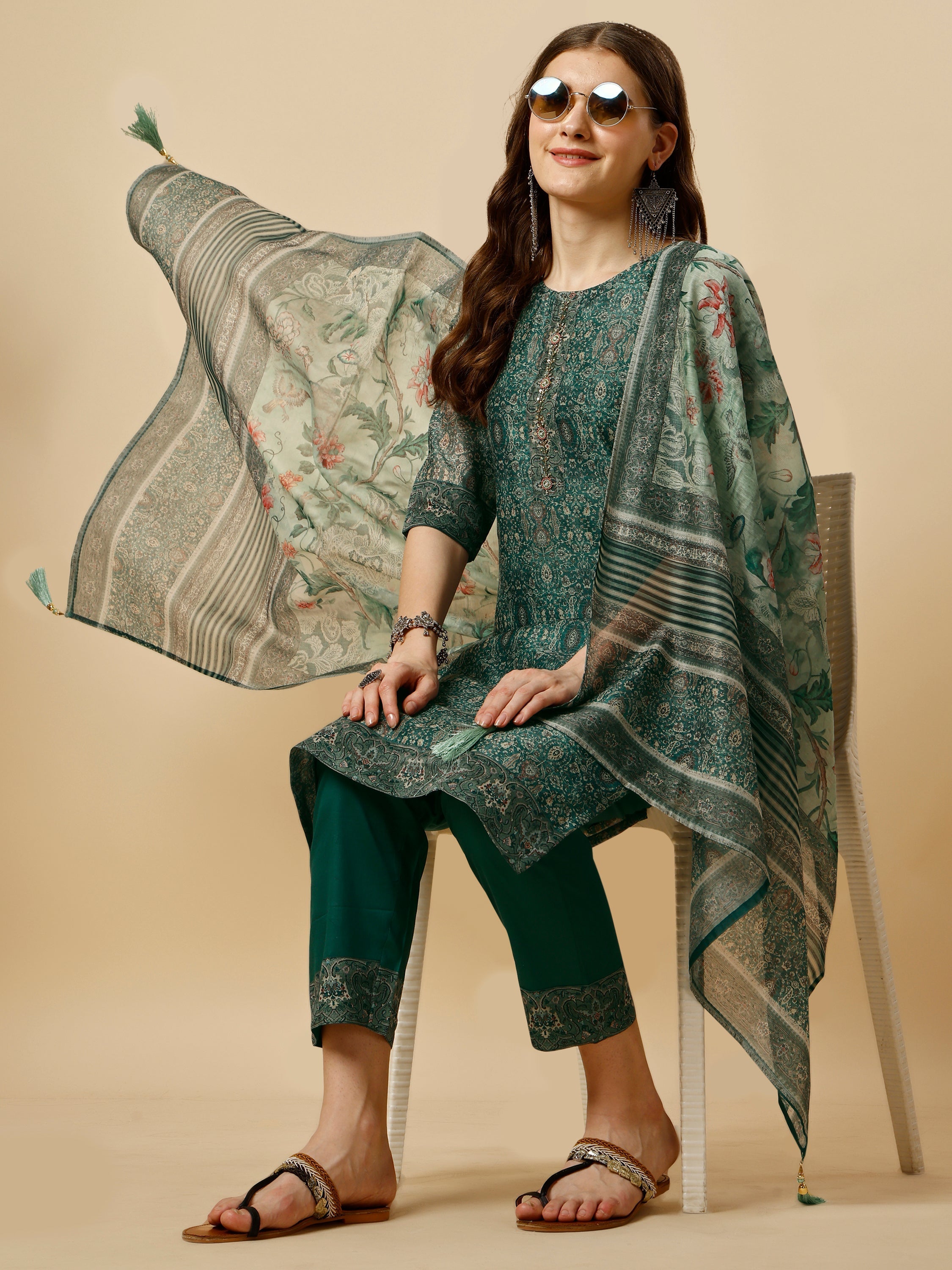 Printed Kurta With Pant And Dupatta Set, Multicolor - Hiral Fashion - Distacart