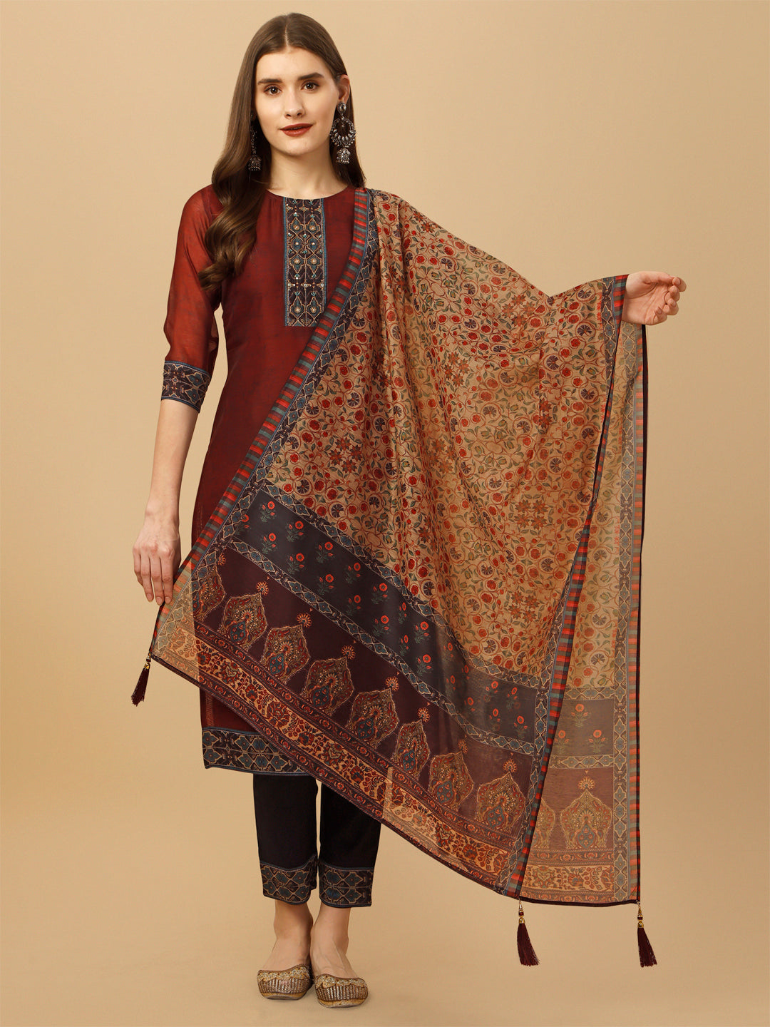 Embroidered And Printed Kurta With Pant And Dupatta Set, Multicolor - Hiral Fashion - Distacart