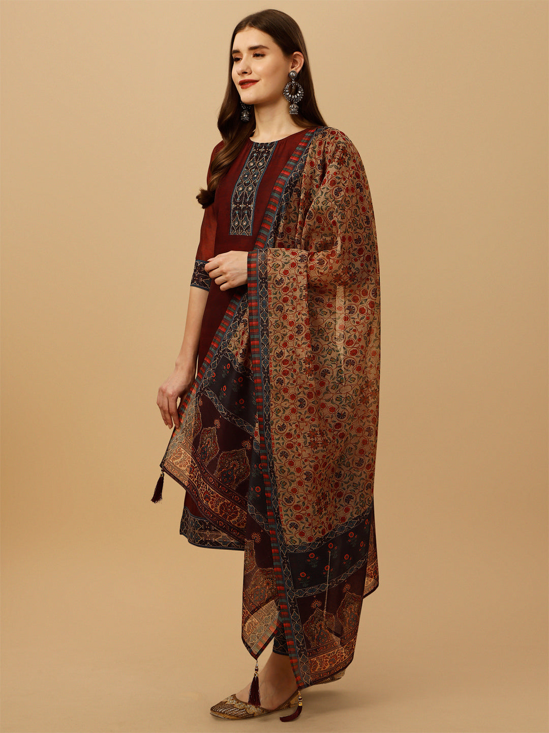 Embroidered And Printed Kurta With Pant And Dupatta Set, Multicolor - Hiral Fashion - Distacart