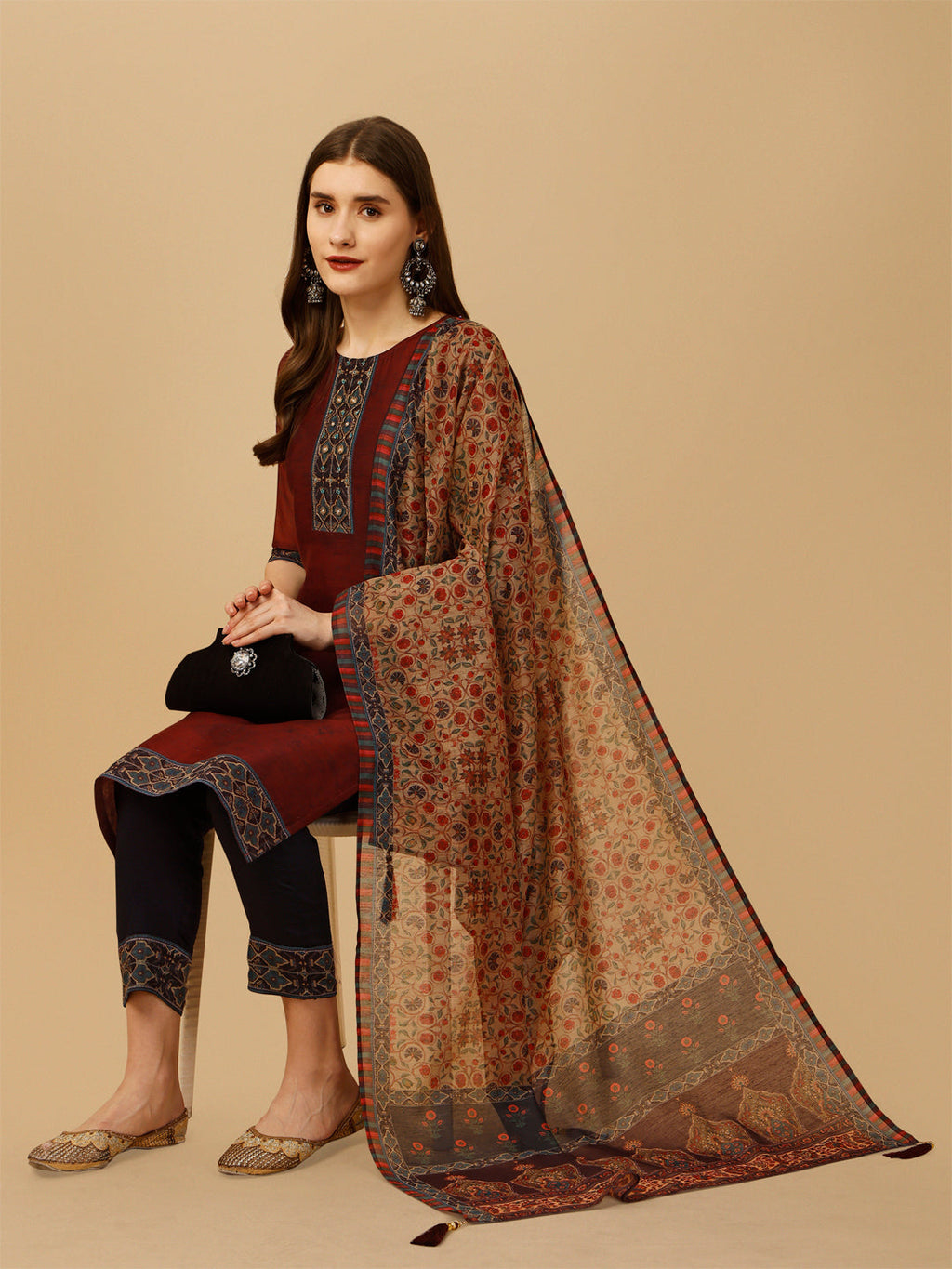 Embroidered And Printed Kurta With Pant And Dupatta Set, Multicolor - Hiral Fashion - Distacart
