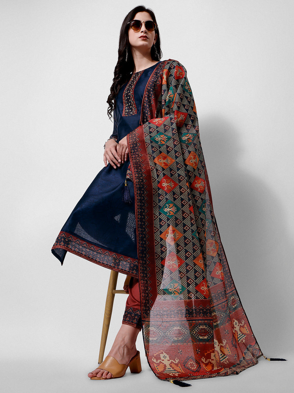 Embroidered Kurta With Pant And Printed Dupatta Set, Multicolor - Hiral Fashion - Distacart
