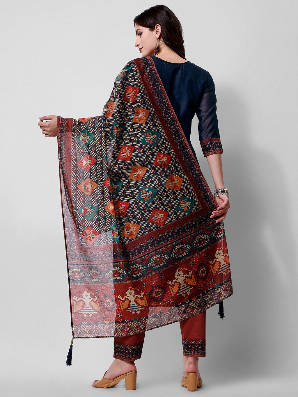 Embroidered Kurta With Pant And Printed Dupatta Set, Multicolor - Hiral Fashion - Distacart
