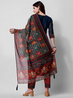 Embroidered Kurta With Pant And Printed Dupatta Set, Multicolor - Hiral Fashion - Distacart