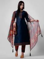 Embroidered Kurta With Pant And Printed Dupatta Set, Multicolor - Hiral Fashion - Distacart