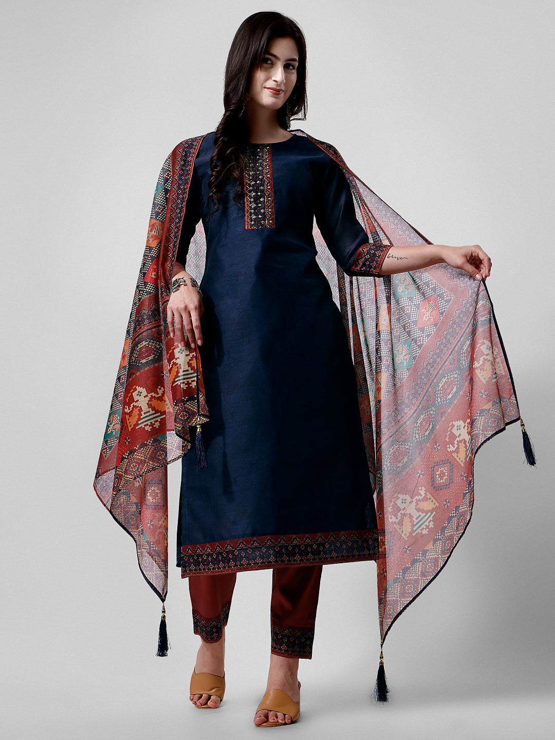 Embroidered Kurta With Pant And Printed Dupatta Set, Multicolor - Hiral Fashion - Distacart