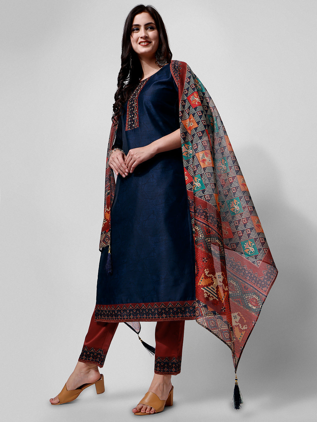 Embroidered Kurta With Pant And Printed Dupatta Set, Multicolor - Hiral Fashion - Distacart