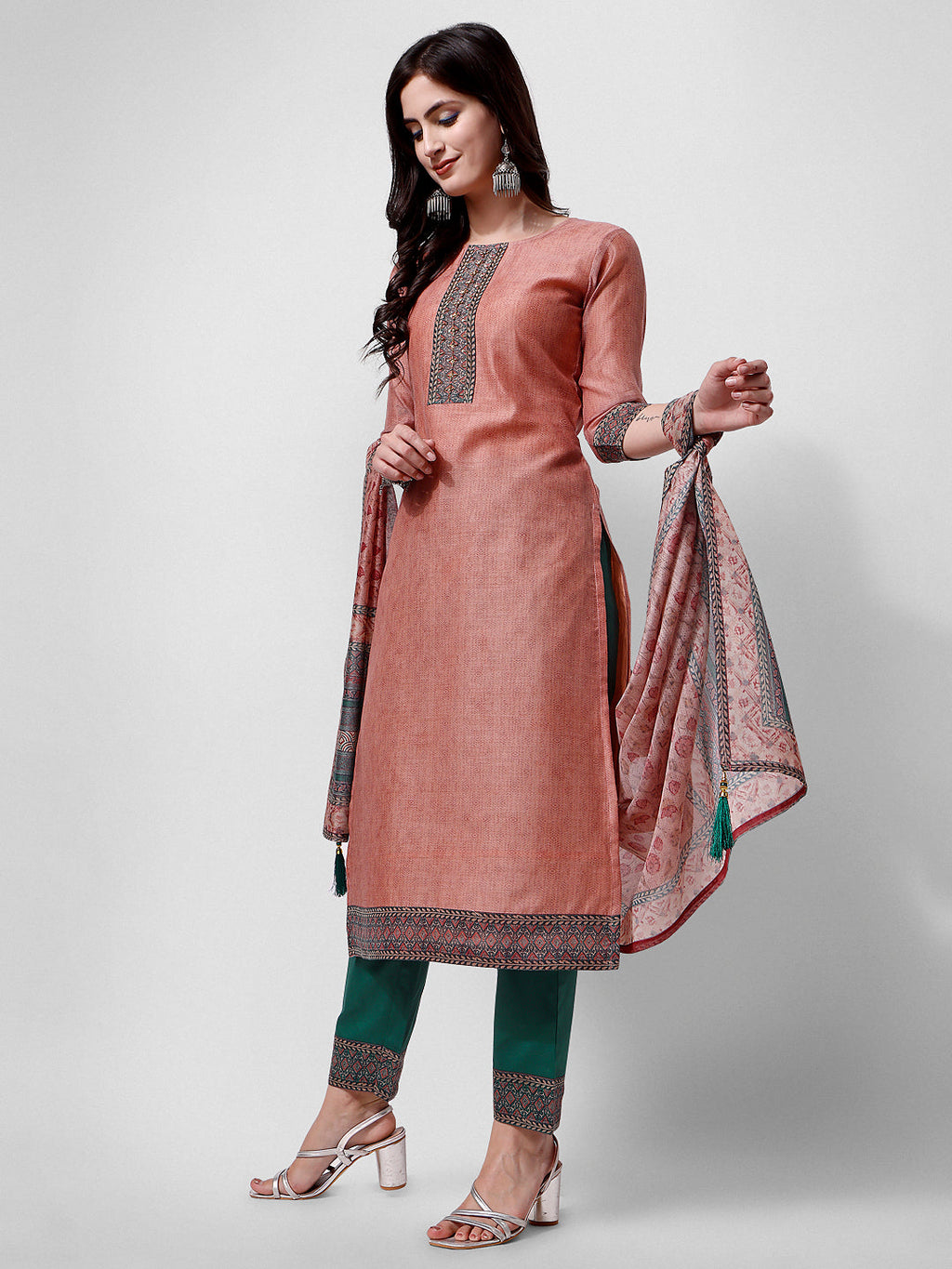 Embroidered Kurta With Pant And Dupatta Set, Multicolor - Hiral Fashion - Distacart