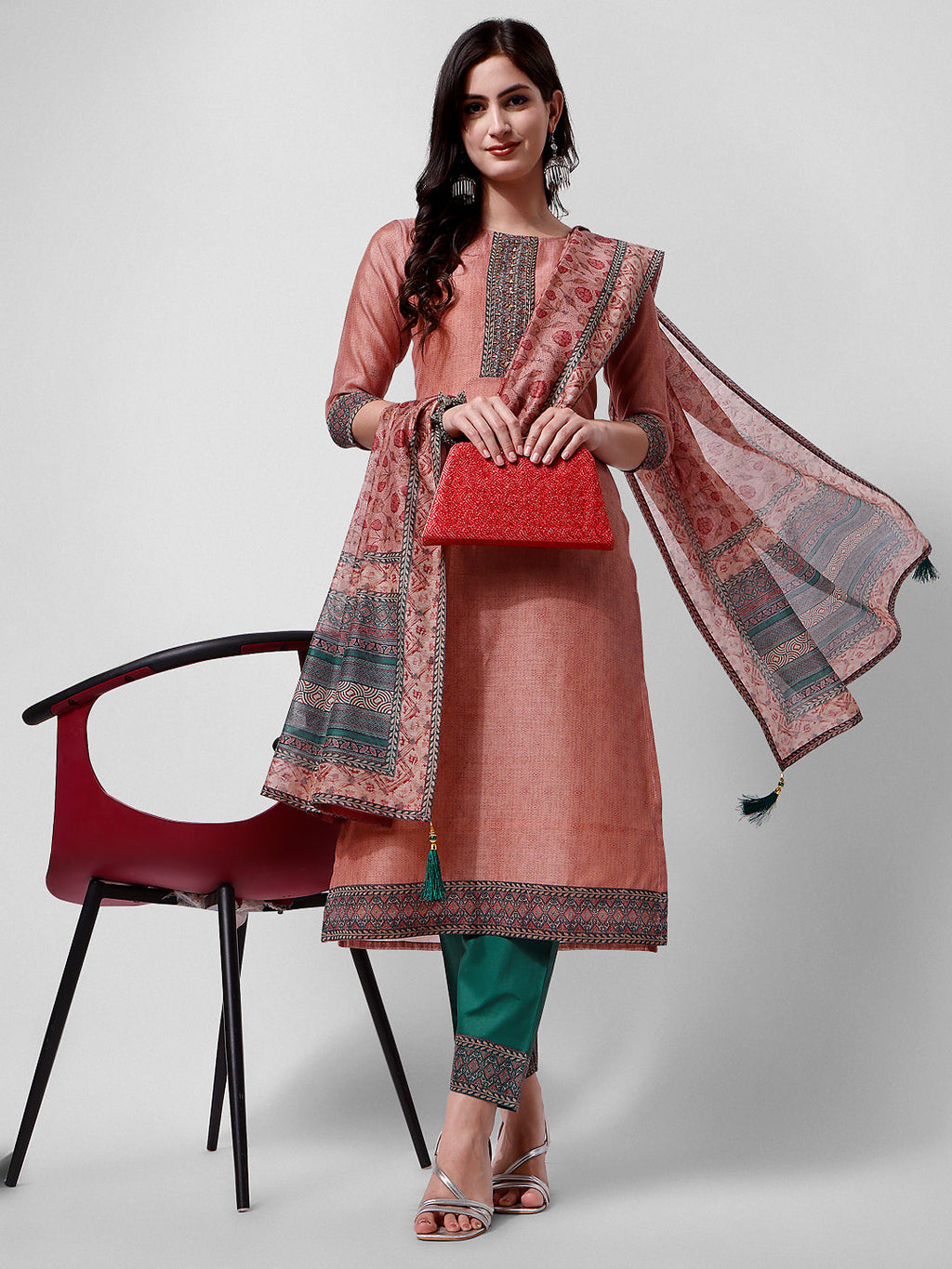 Embroidered Kurta With Pant And Dupatta Set, Multicolor - Hiral Fashion - Distacart