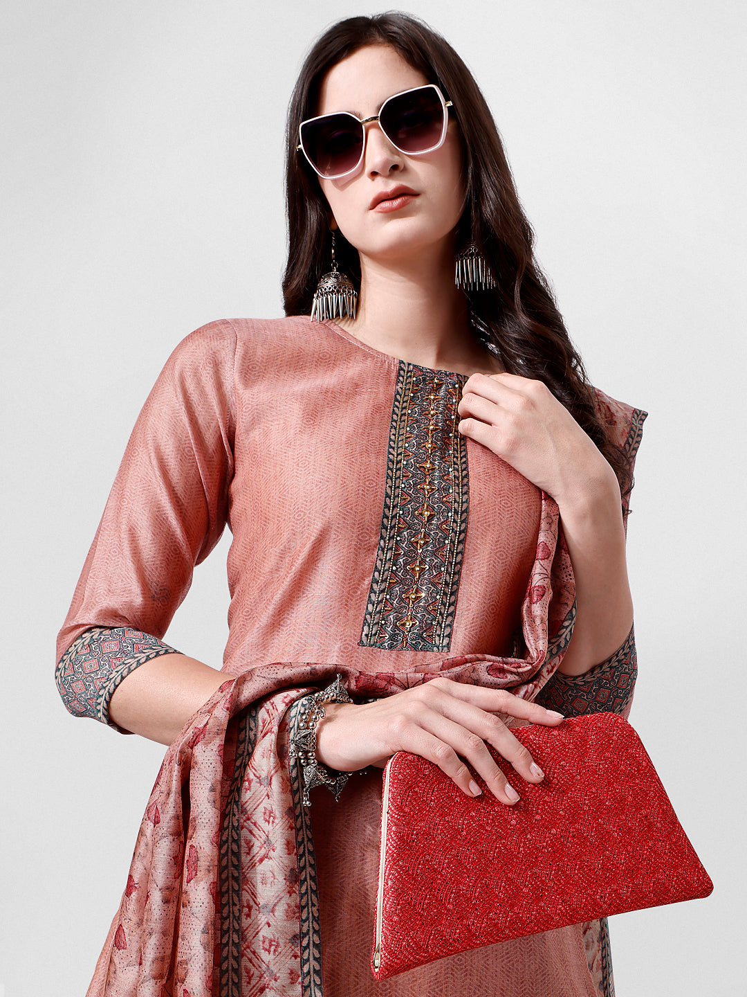 Embroidered Kurta With Pant And Dupatta Set, Multicolor - Hiral Fashion - Distacart