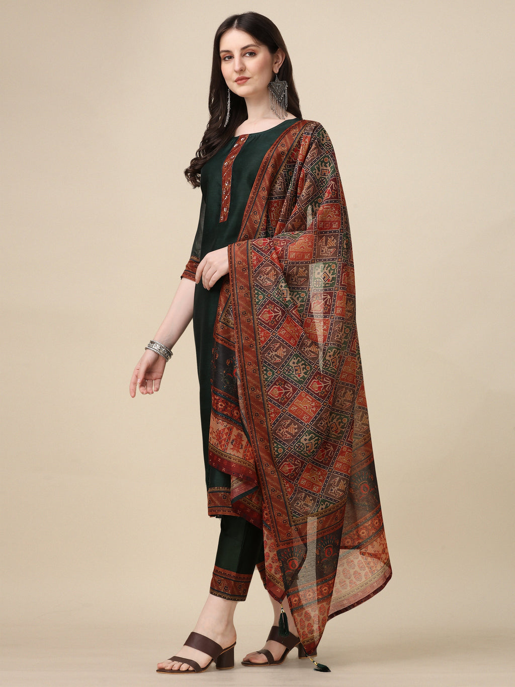 Hand Embroidered Kurta With Pant And Dupatta Set, Multicolor - Hiral Fashion - Distacart