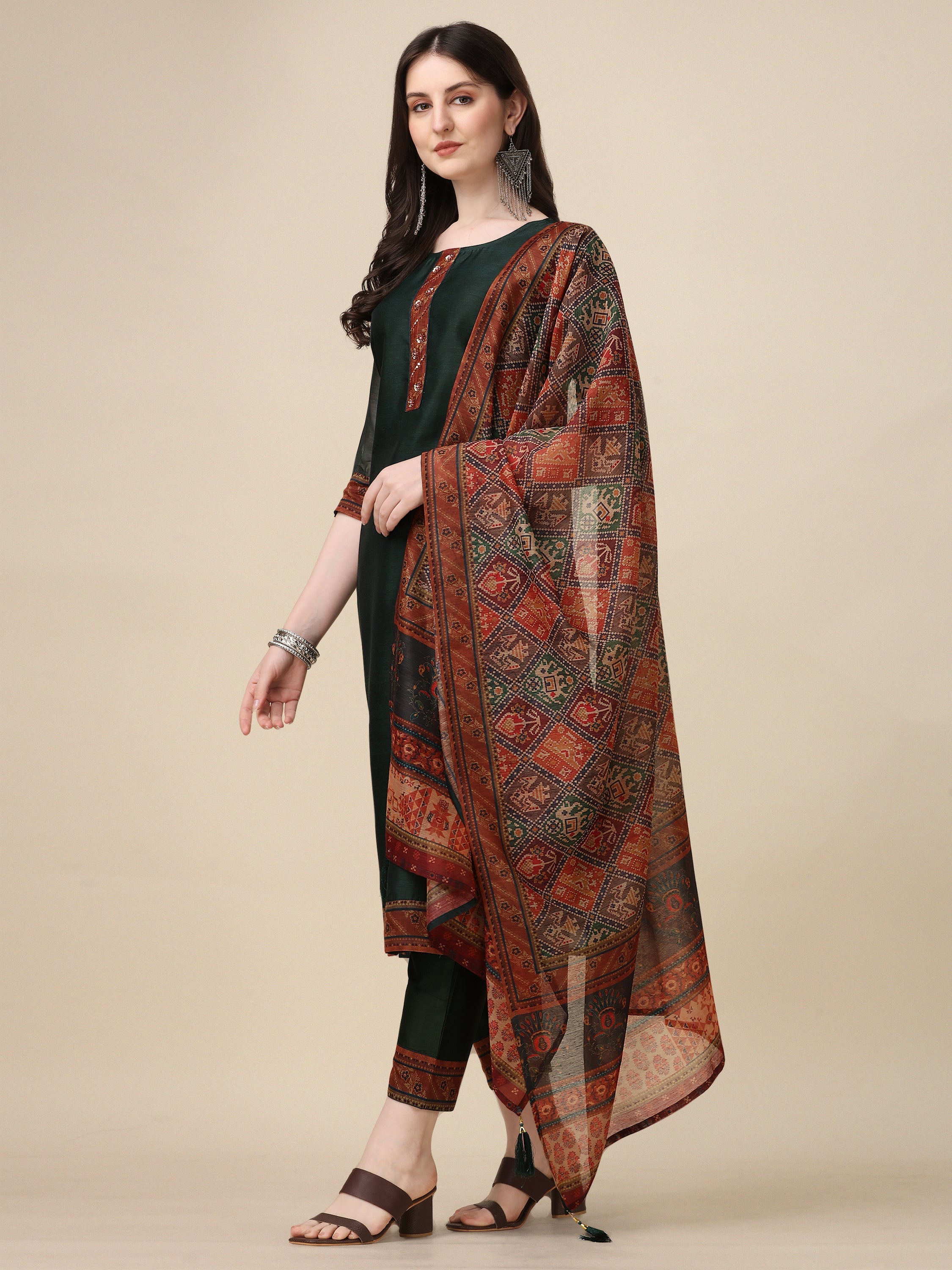 Hand Embroidered Kurta With Pant And Dupatta Set, Multicolor - Hiral Fashion - Distacart