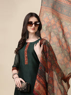 Hand Embroidered Kurta With Pant And Dupatta Set, Multicolor - Hiral Fashion - Distacart