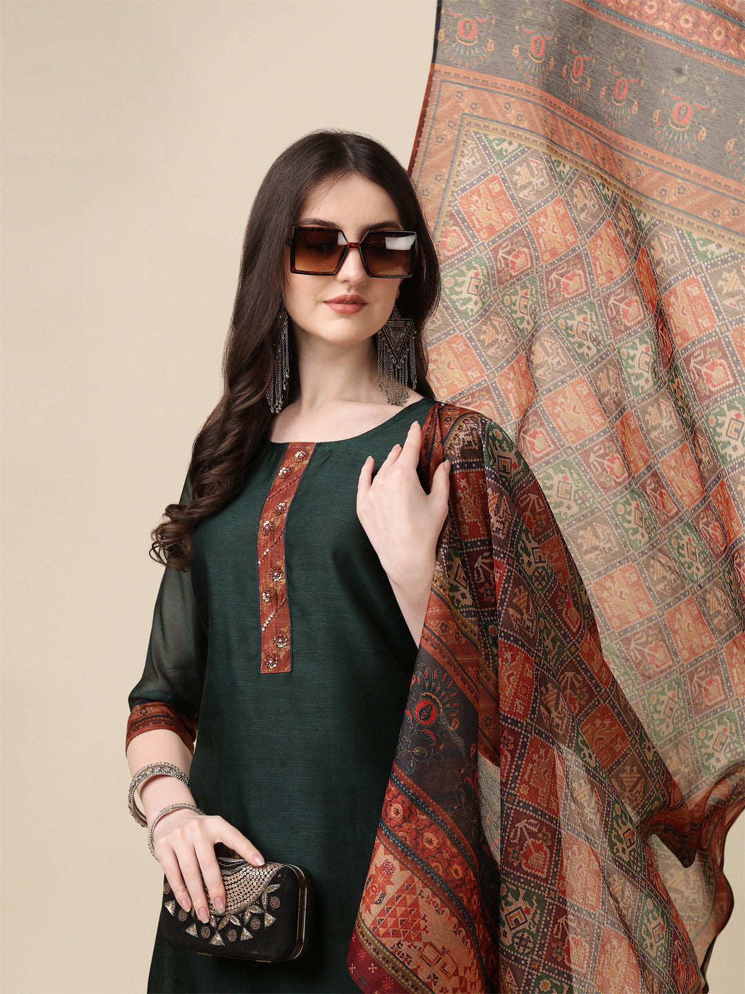 Hand Embroidered Kurta With Pant And Dupatta Set, Multicolor - Hiral Fashion - Distacart