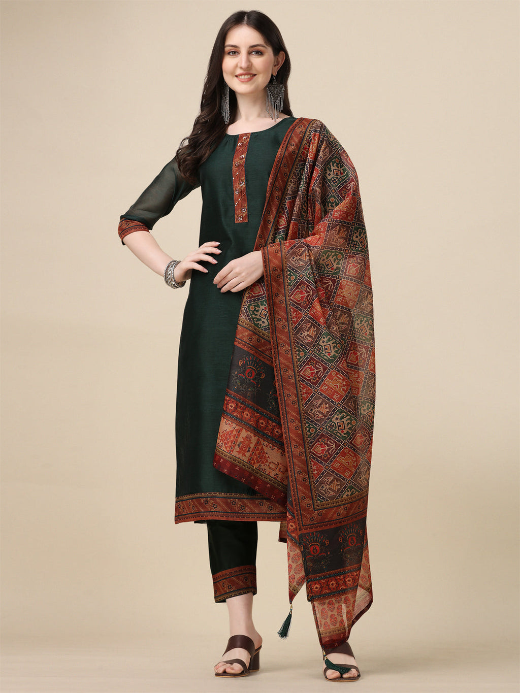 Hand Embroidered Kurta With Pant And Dupatta Set, Multicolor - Hiral Fashion - Distacart