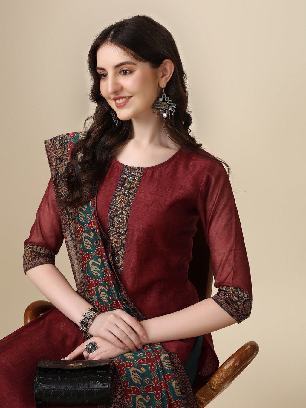 Printed & Hand Embroidered Kurta With Pant And Printed Dupatta Set, Multicolor - Hiral Fashion - Distacart
