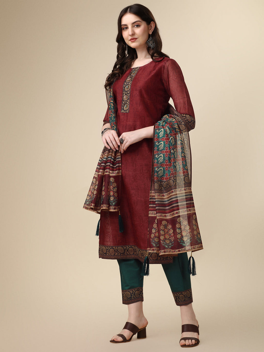 Printed & Hand Embroidered Kurta With Pant And Printed Dupatta Set, Multicolor - Hiral Fashion - Distacart
