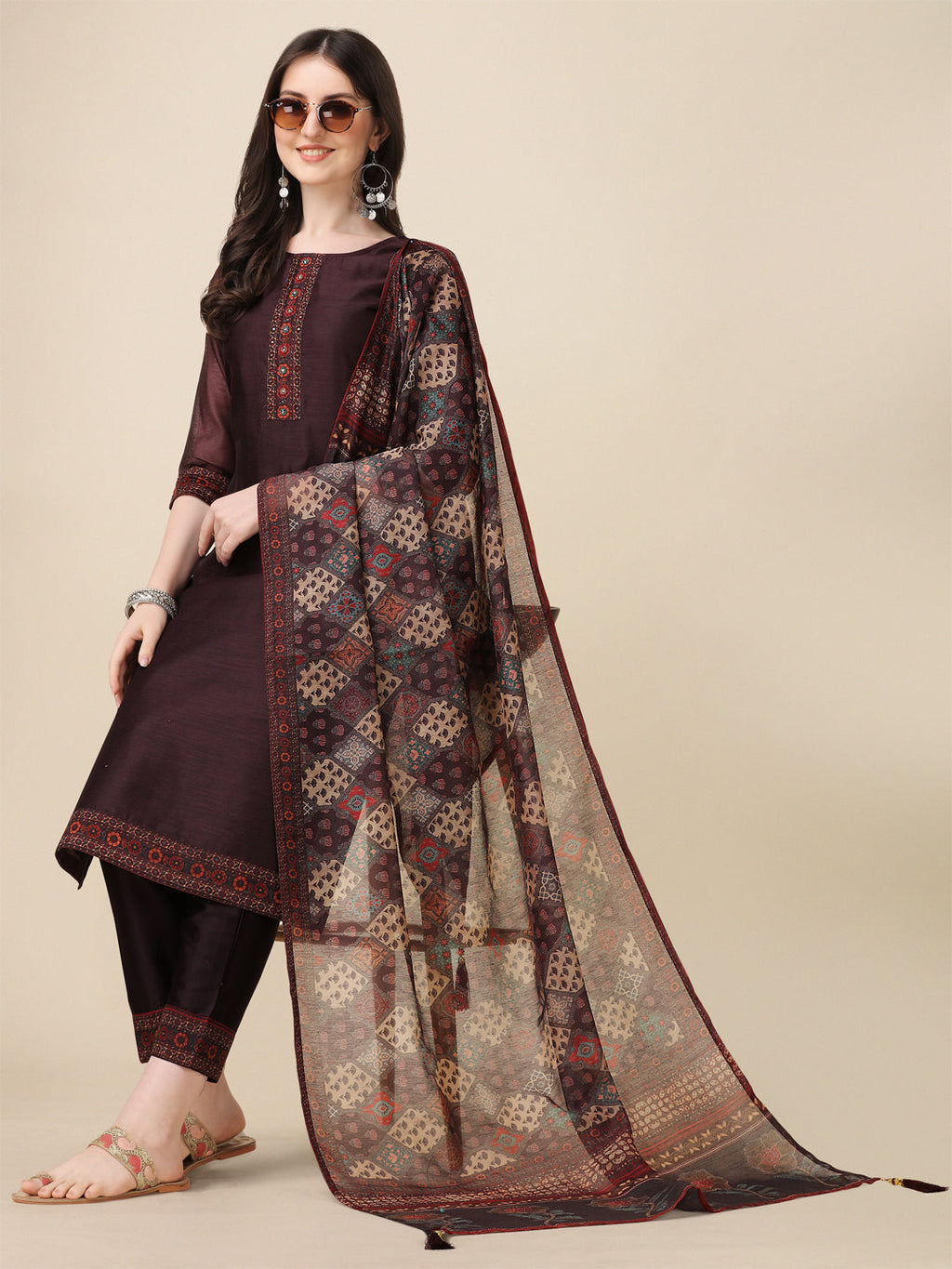 Hand Embroidered Kurta With Pant And Dupatta Set, Multicolor - Hiral Fashion - Distacart