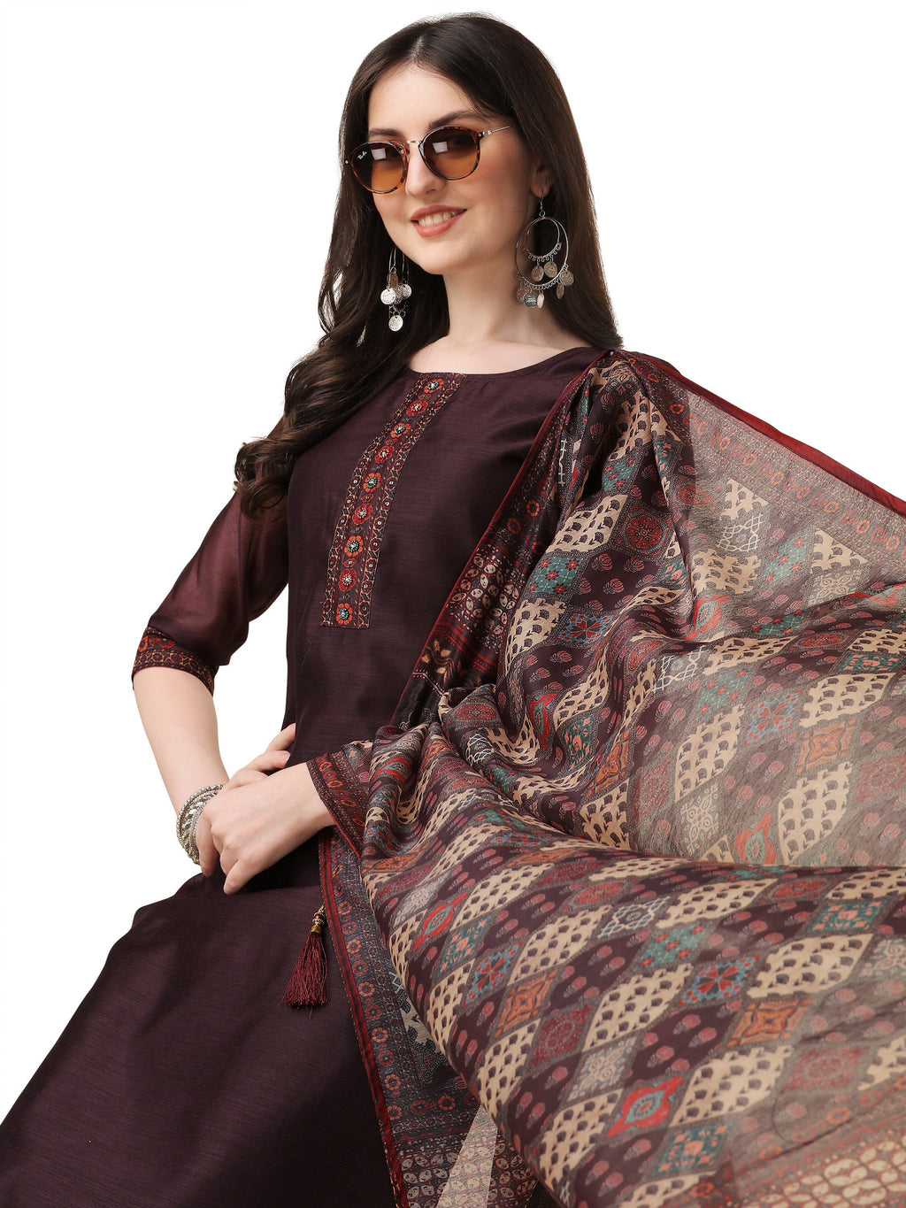 Hand Embroidered Kurta With Pant And Dupatta Set, Multicolor - Hiral Fashion - Distacart
