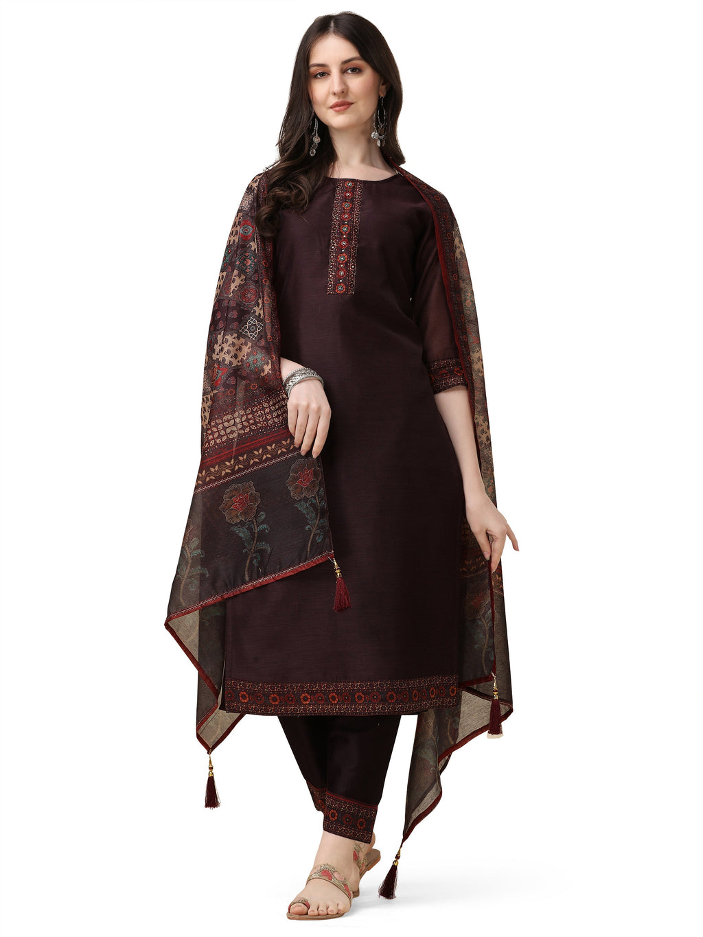 Hand Embroidered Kurta With Pant And Dupatta Set, Multicolor - Hiral Fashion - Distacart