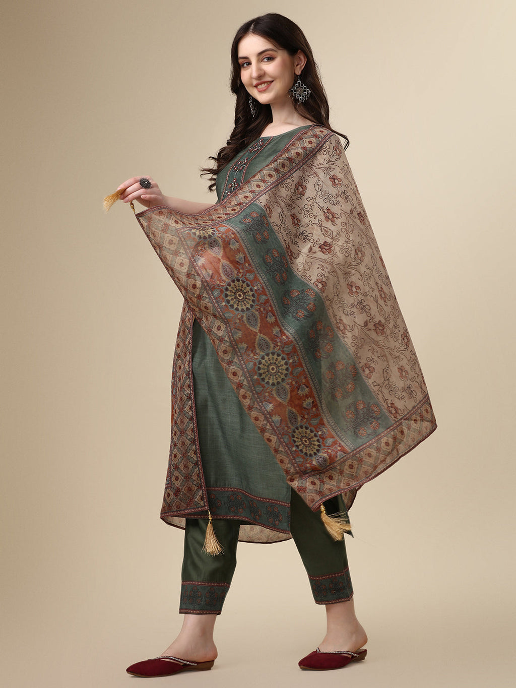 Printed & Hand Embroidered Kurta With Pant And Printed Dupatta Set, Multicolor - Hiral Fashion - Distacart
